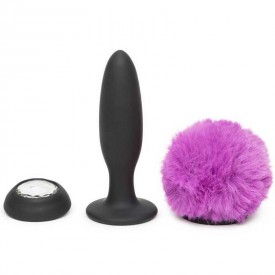 Черная анальная вибропробка Rechargeable Vibrating Bunny Tail Butt Plug Large - 14 см.